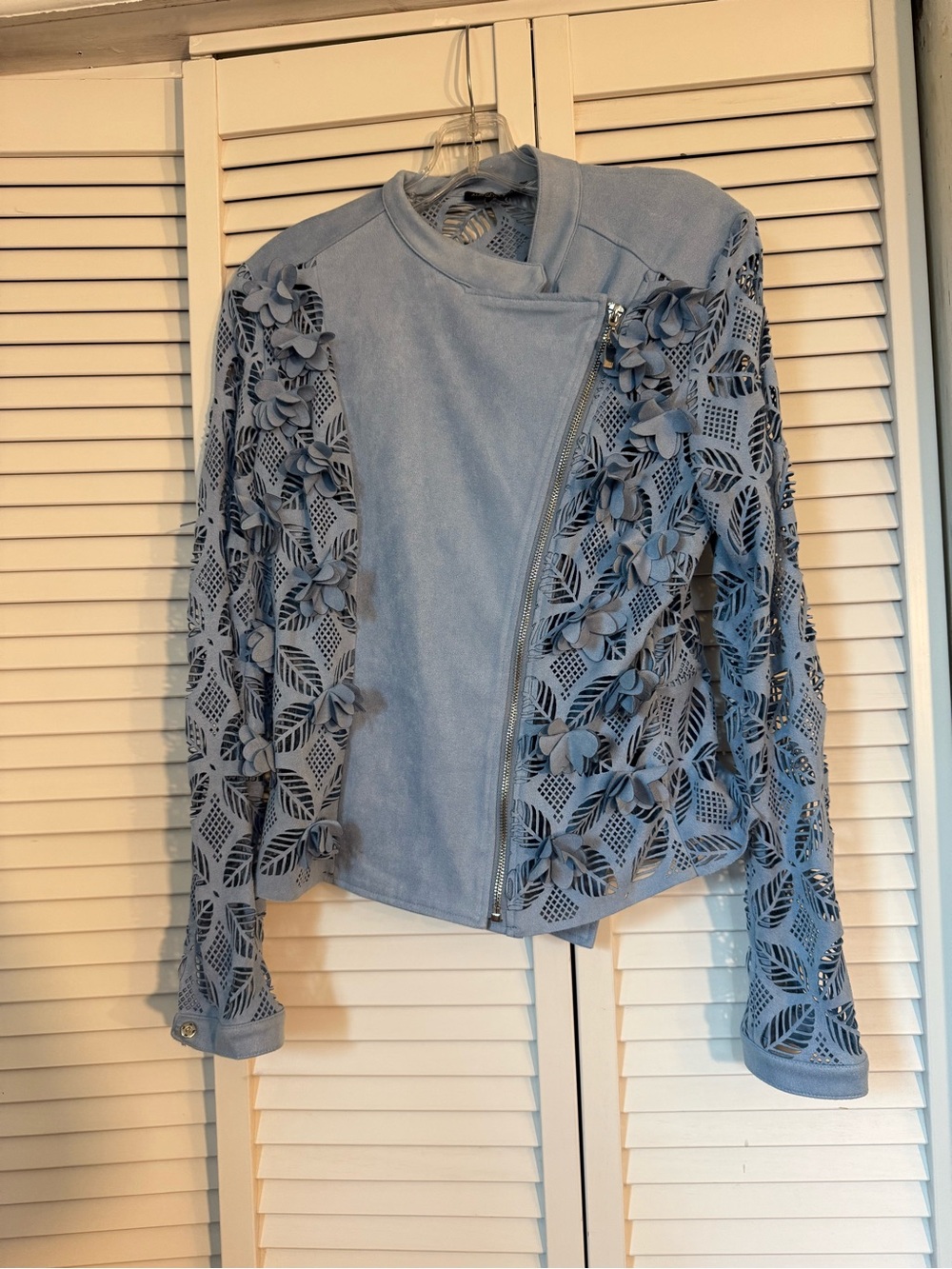 Alberto Makali Light Blue Laser Cut 3D Floral Asymmetric Zip Moto jacket M